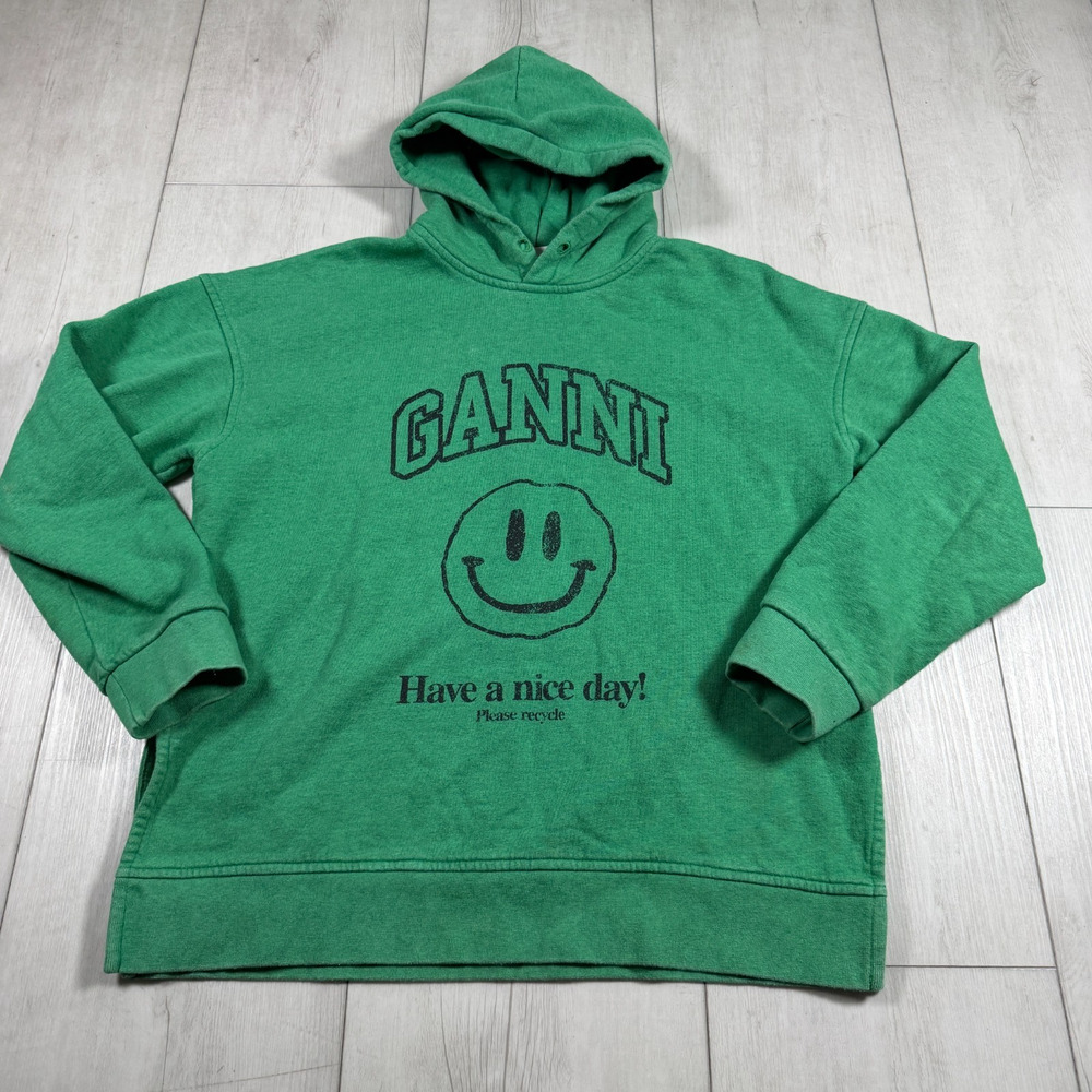 Ganni Women’s XXS Green Oversized Pullover Hoodie Smiley 100% Cotton
